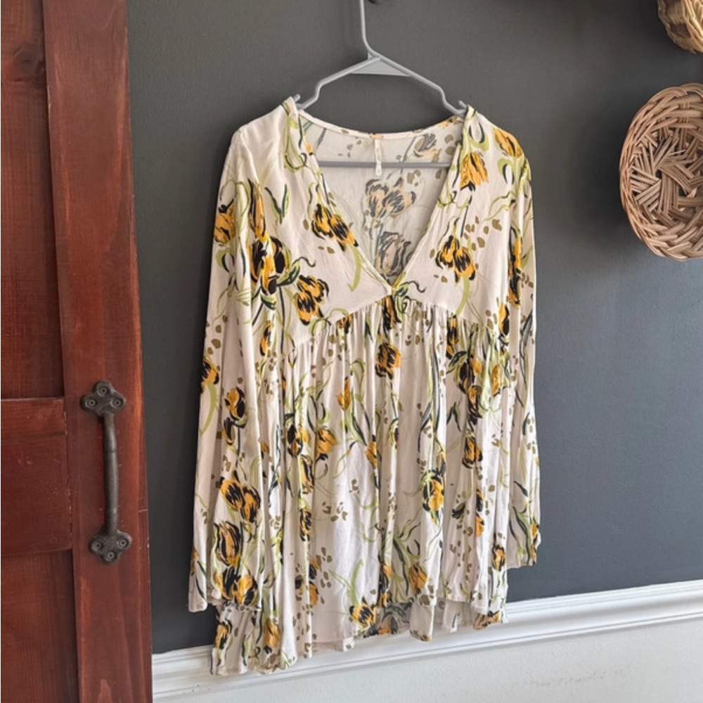 Free People Yellow Floral V-Neck Blouse